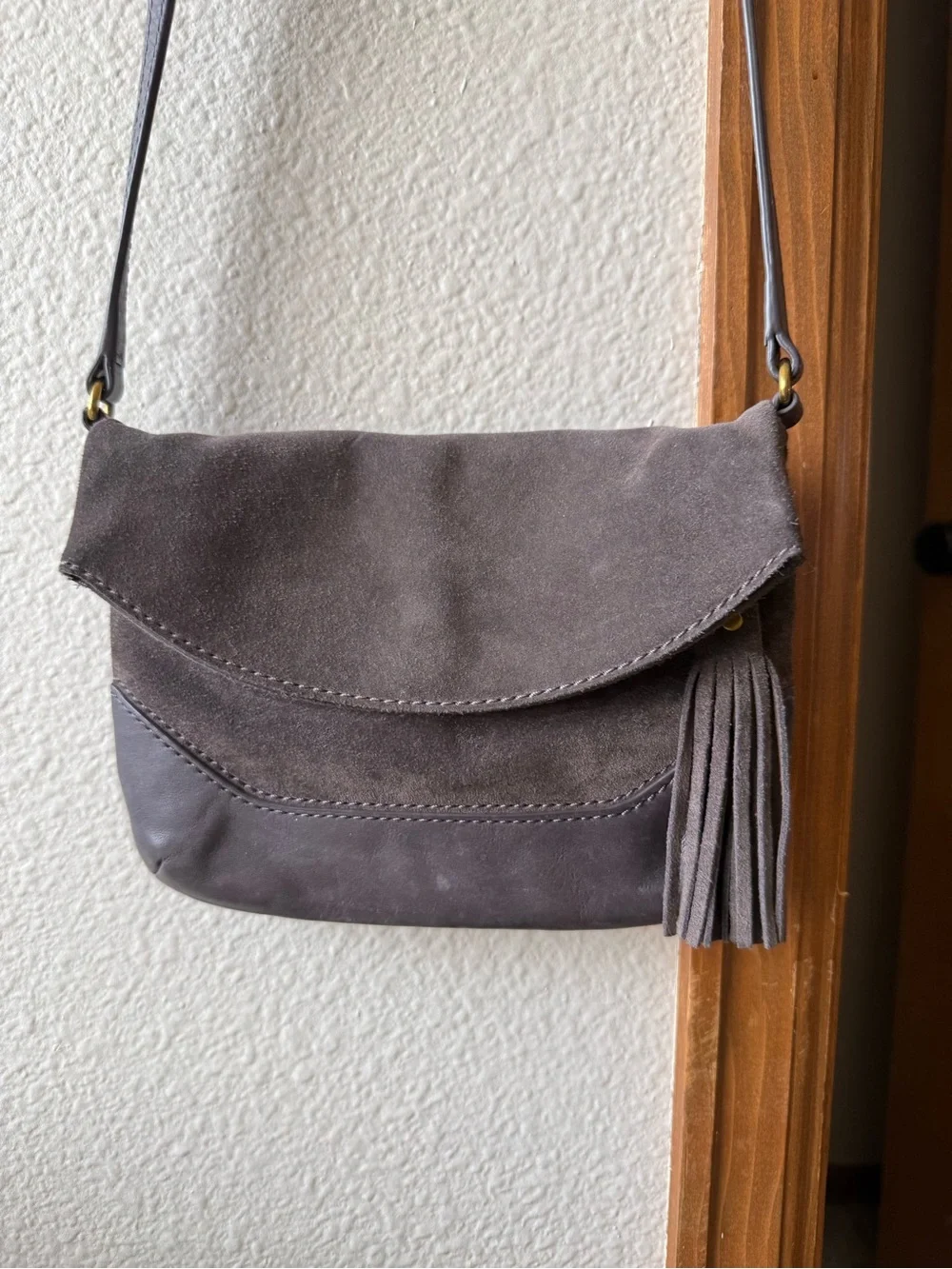 Frye Leather Grey Suede Crossbody Bag with Tassel